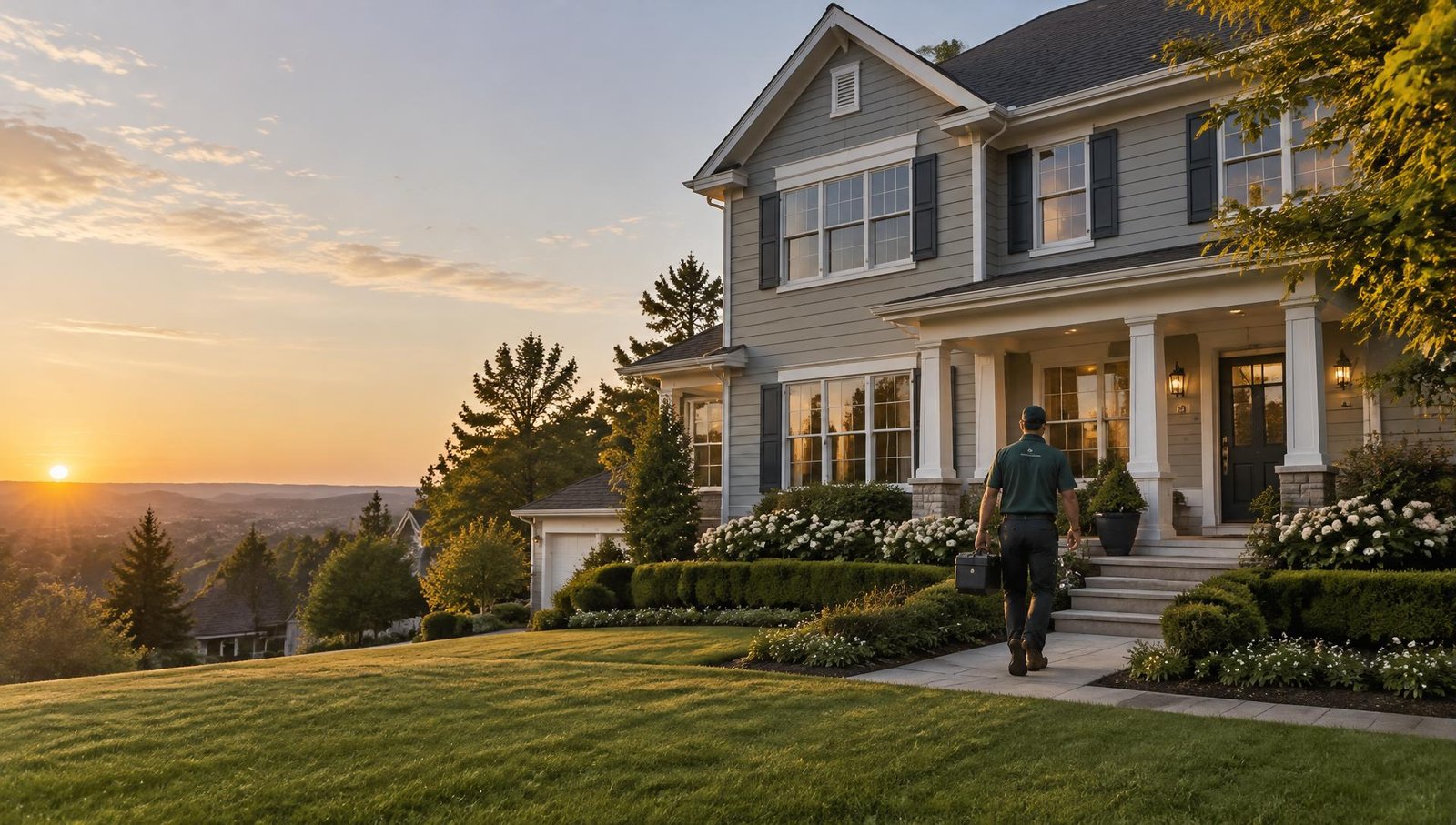 A well-kept home with a Reliant technician walking up the path